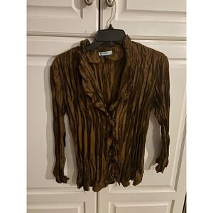 VIOLIN Women's Brown Crinkle Pleated Long Sleeve Button Up Shirt Top Size S